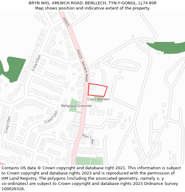 BRYN WIG, AMLWCH ROAD, BENLLECH, TYN-Y-GONGL, LL74 8SR: Location map and indicative extent of plot