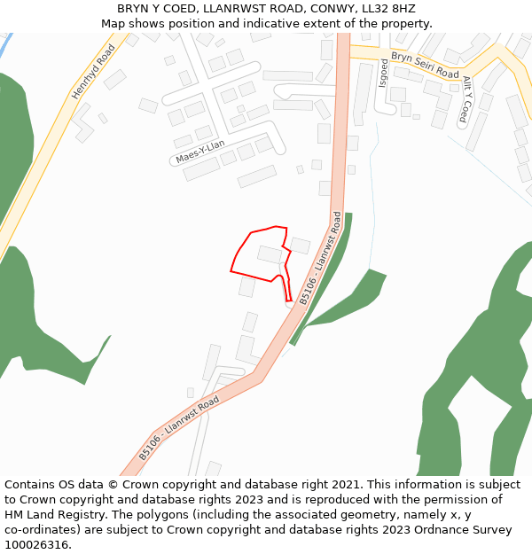 BRYN Y COED, LLANRWST ROAD, CONWY, LL32 8HZ: Location map and indicative extent of plot