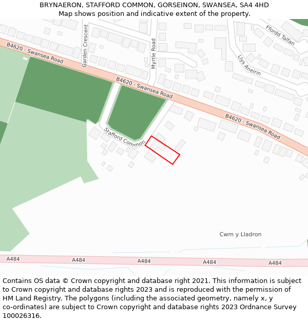 BRYNAERON, STAFFORD COMMON, GORSEINON, SWANSEA, SA4 4HD: Location map and indicative extent of plot