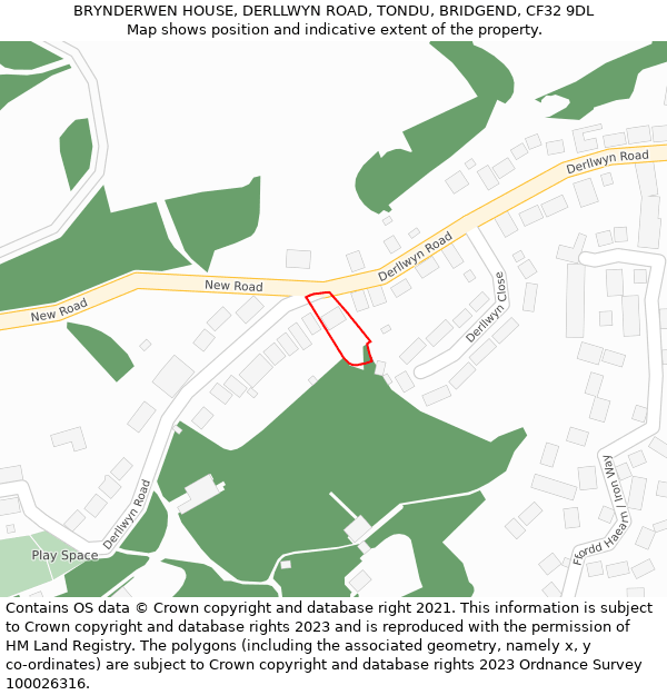 BRYNDERWEN HOUSE, DERLLWYN ROAD, TONDU, BRIDGEND, CF32 9DL: Location map and indicative extent of plot