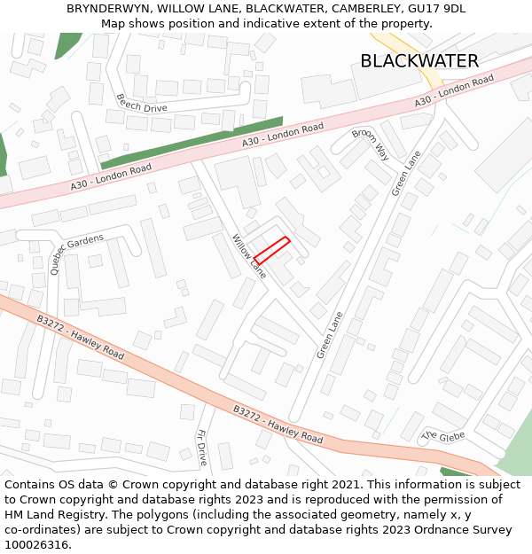 BRYNDERWYN, WILLOW LANE, BLACKWATER, CAMBERLEY, GU17 9DL: Location map and indicative extent of plot