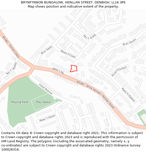 BRYNFYNNON BUNGALOW, HENLLAN STREET, DENBIGH, LL16 3PE: Location map and indicative extent of plot