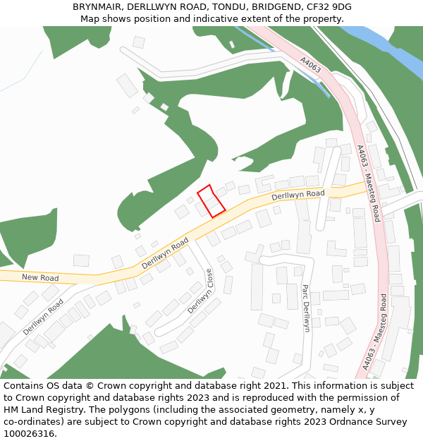 BRYNMAIR, DERLLWYN ROAD, TONDU, BRIDGEND, CF32 9DG: Location map and indicative extent of plot