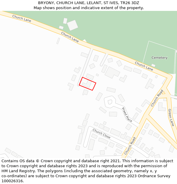 BRYONY, CHURCH LANE, LELANT, ST IVES, TR26 3DZ: Location map and indicative extent of plot