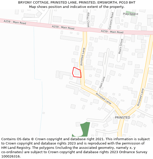 BRYONY COTTAGE, PRINSTED LANE, PRINSTED, EMSWORTH, PO10 8HT: Location map and indicative extent of plot