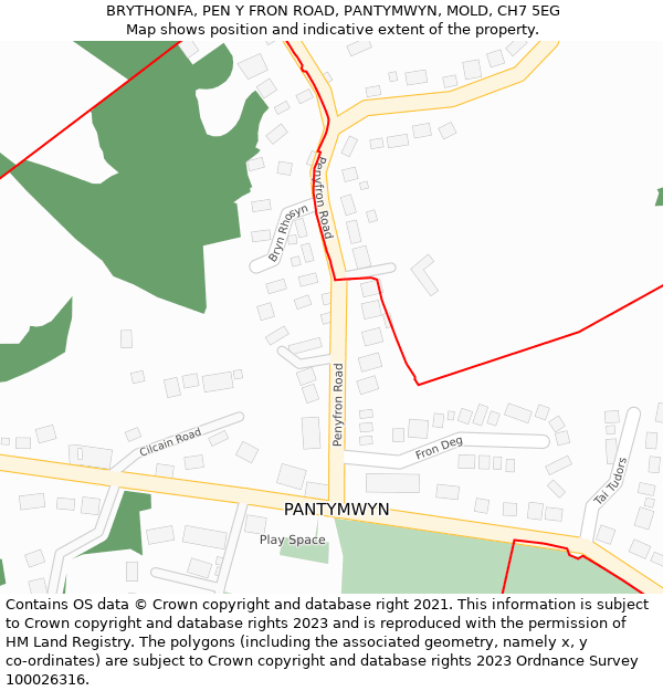 BRYTHONFA, PEN Y FRON ROAD, PANTYMWYN, MOLD, CH7 5EG: Location map and indicative extent of plot