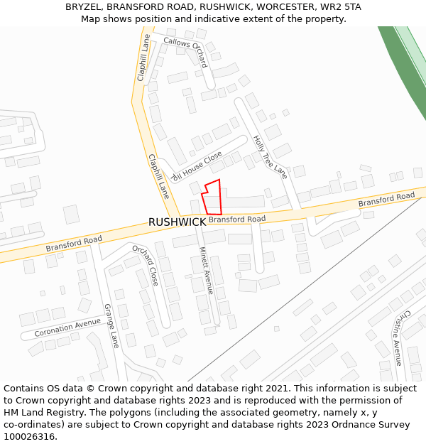 BRYZEL, BRANSFORD ROAD, RUSHWICK, WORCESTER, WR2 5TA: Location map and indicative extent of plot