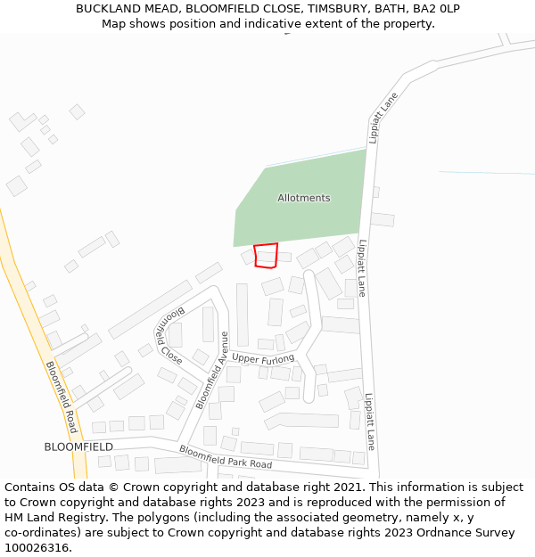 BUCKLAND MEAD, BLOOMFIELD CLOSE, TIMSBURY, BATH, BA2 0LP: Location map and indicative extent of plot