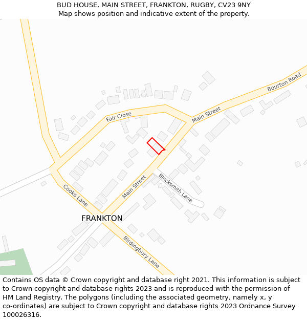 BUD HOUSE, MAIN STREET, FRANKTON, RUGBY, CV23 9NY: Location map and indicative extent of plot