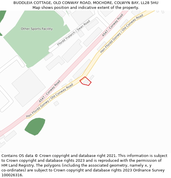 BUDDLEIA COTTAGE, OLD CONWAY ROAD, MOCHDRE, COLWYN BAY, LL28 5HU: Location map and indicative extent of plot