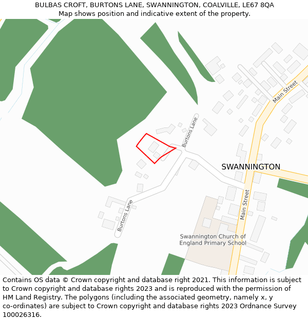 BULBAS CROFT, BURTONS LANE, SWANNINGTON, COALVILLE, LE67 8QA: Location map and indicative extent of plot