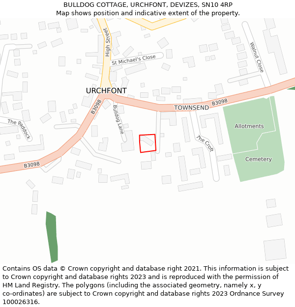 BULLDOG COTTAGE, URCHFONT, DEVIZES, SN10 4RP: Location map and indicative extent of plot