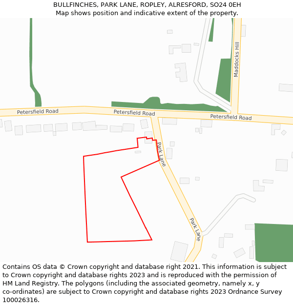 BULLFINCHES, PARK LANE, ROPLEY, ALRESFORD, SO24 0EH: Location map and indicative extent of plot