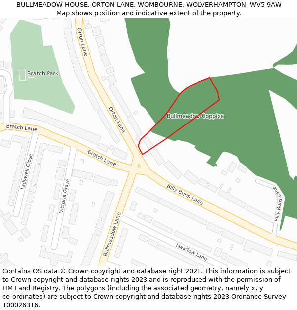 BULLMEADOW HOUSE, ORTON LANE, WOMBOURNE, WOLVERHAMPTON, WV5 9AW: Location map and indicative extent of plot