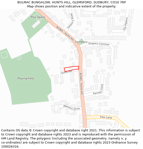 BULMAC BUNGALOW, HUNTS HILL, GLEMSFORD, SUDBURY, CO10 7RP: Location map and indicative extent of plot