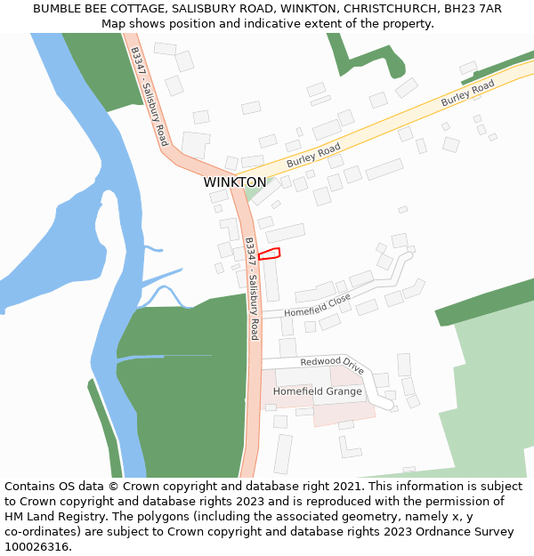 BUMBLE BEE COTTAGE, SALISBURY ROAD, WINKTON, CHRISTCHURCH, BH23 7AR: Location map and indicative extent of plot