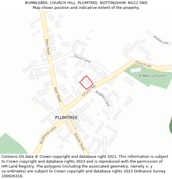 BUMBLEBEE, CHURCH HILL, PLUMTREE, NOTTINGHAM, NG12 5ND: Location map and indicative extent of plot