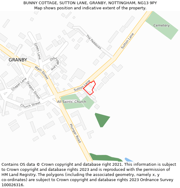 BUNNY COTTAGE, SUTTON LANE, GRANBY, NOTTINGHAM, NG13 9PY: Location map and indicative extent of plot