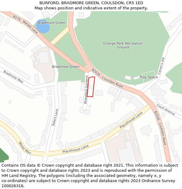 BURFORD, BRADMORE GREEN, COULSDON, CR5 1ED: Location map and indicative extent of plot