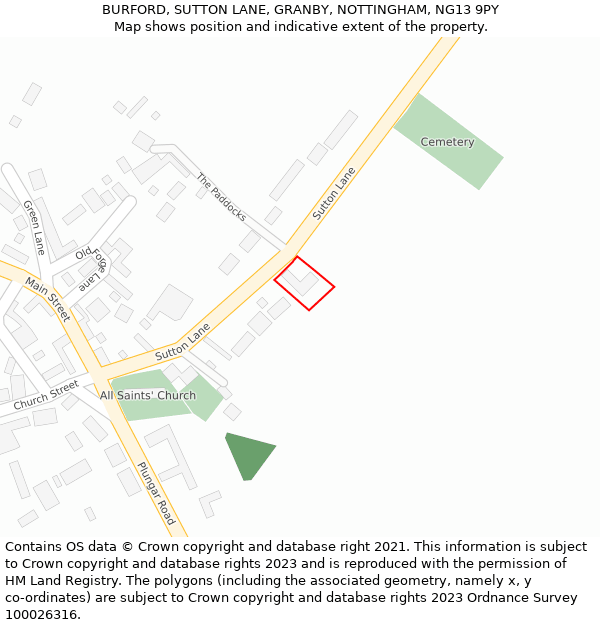 BURFORD, SUTTON LANE, GRANBY, NOTTINGHAM, NG13 9PY: Location map and indicative extent of plot
