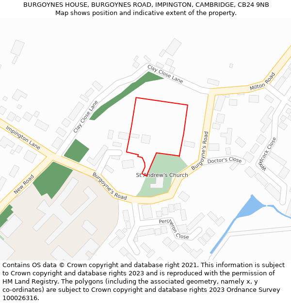 BURGOYNES HOUSE, BURGOYNES ROAD, IMPINGTON, CAMBRIDGE, CB24 9NB: Location map and indicative extent of plot
