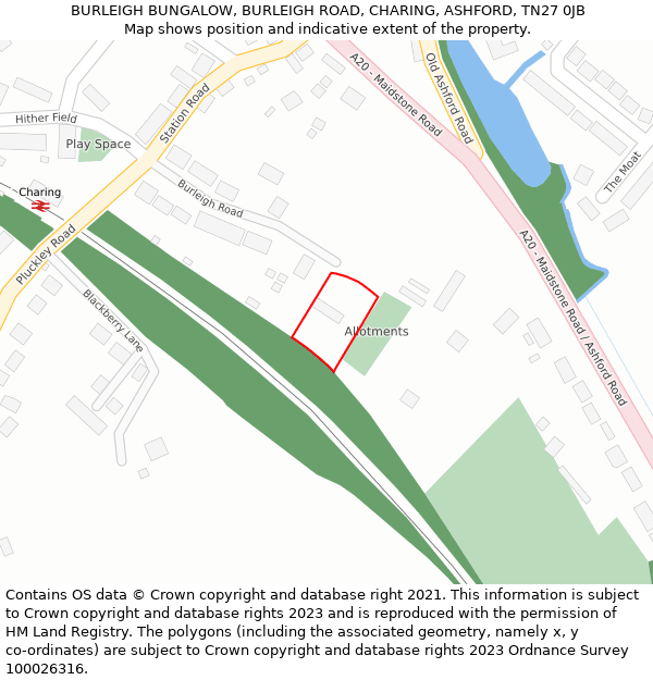 BURLEIGH BUNGALOW, BURLEIGH ROAD, CHARING, ASHFORD, TN27 0JB: Location map and indicative extent of plot