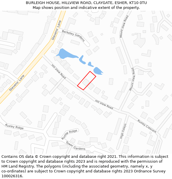 BURLEIGH HOUSE, HILLVIEW ROAD, CLAYGATE, ESHER, KT10 0TU: Location map and indicative extent of plot