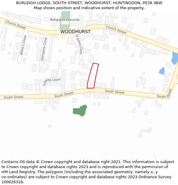 BURLEIGH LODGE, SOUTH STREET, WOODHURST, HUNTINGDON, PE28 3BW: Location map and indicative extent of plot
