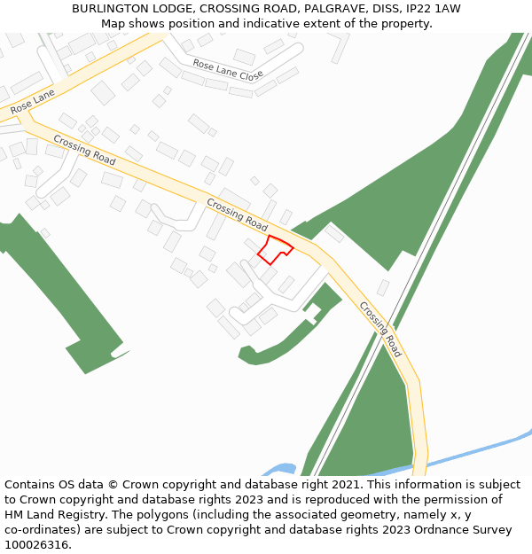 BURLINGTON LODGE, CROSSING ROAD, PALGRAVE, DISS, IP22 1AW: Location map and indicative extent of plot