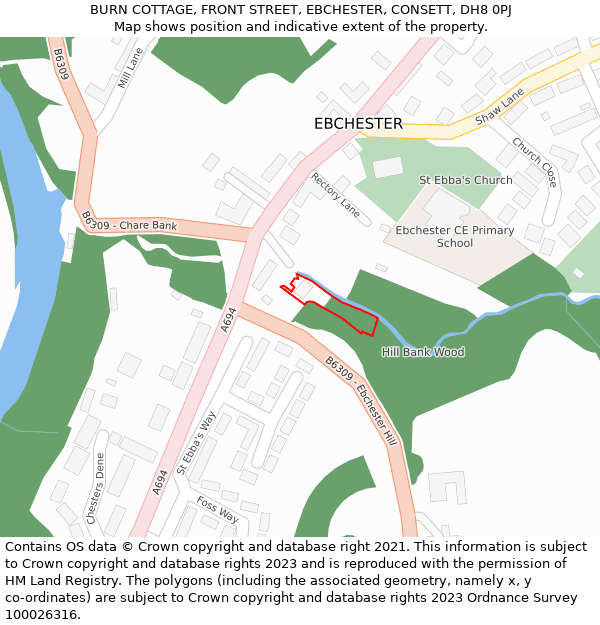 BURN COTTAGE, FRONT STREET, EBCHESTER, CONSETT, DH8 0PJ: Location map and indicative extent of plot