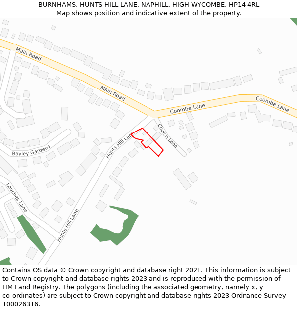 BURNHAMS, HUNTS HILL LANE, NAPHILL, HIGH WYCOMBE, HP14 4RL: Location map and indicative extent of plot