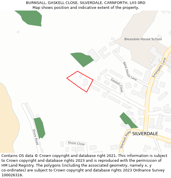 BURNSALL, GASKELL CLOSE, SILVERDALE, CARNFORTH, LA5 0RD: Location map and indicative extent of plot