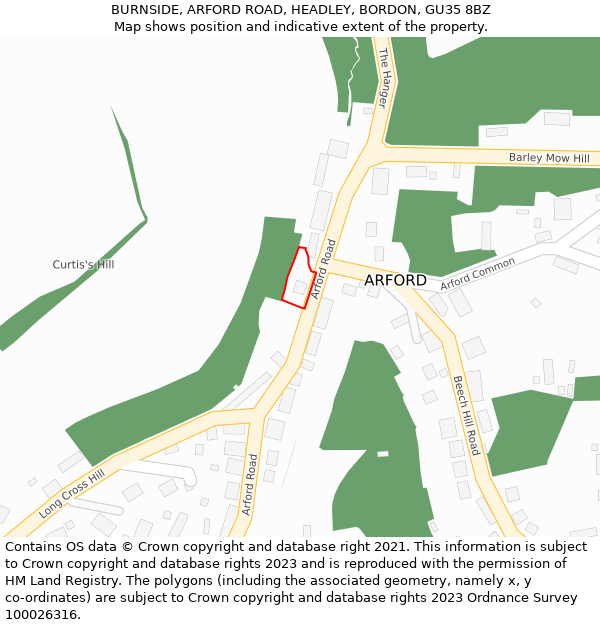 BURNSIDE, ARFORD ROAD, HEADLEY, BORDON, GU35 8BZ: Location map and indicative extent of plot