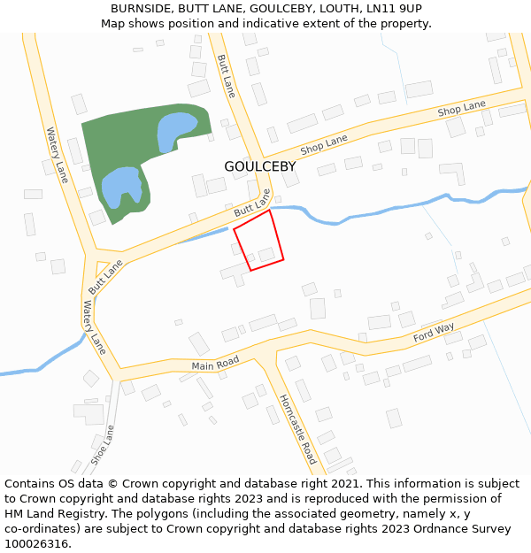 BURNSIDE, BUTT LANE, GOULCEBY, LOUTH, LN11 9UP: Location map and indicative extent of plot