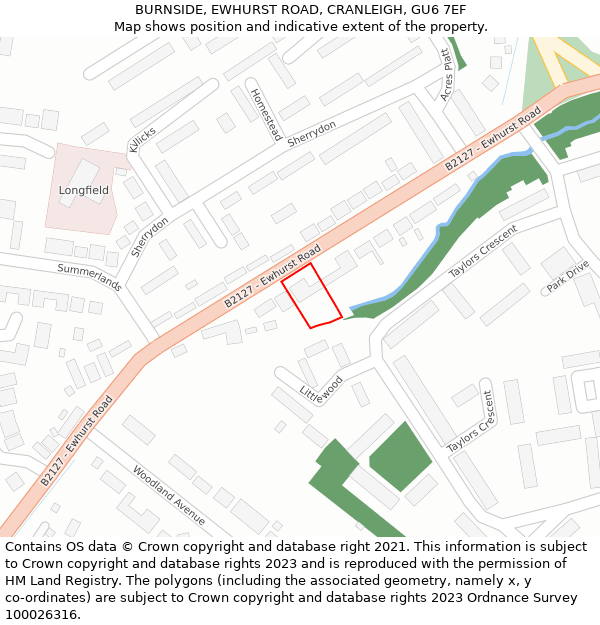 BURNSIDE, EWHURST ROAD, CRANLEIGH, GU6 7EF: Location map and indicative extent of plot