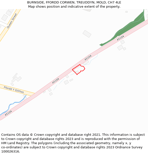 BURNSIDE, FFORDD CORWEN, TREUDDYN, MOLD, CH7 4LE: Location map and indicative extent of plot