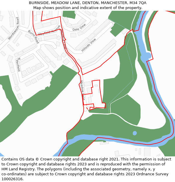 BURNSIDE, MEADOW LANE, DENTON, MANCHESTER, M34 7QA: Location map and indicative extent of plot