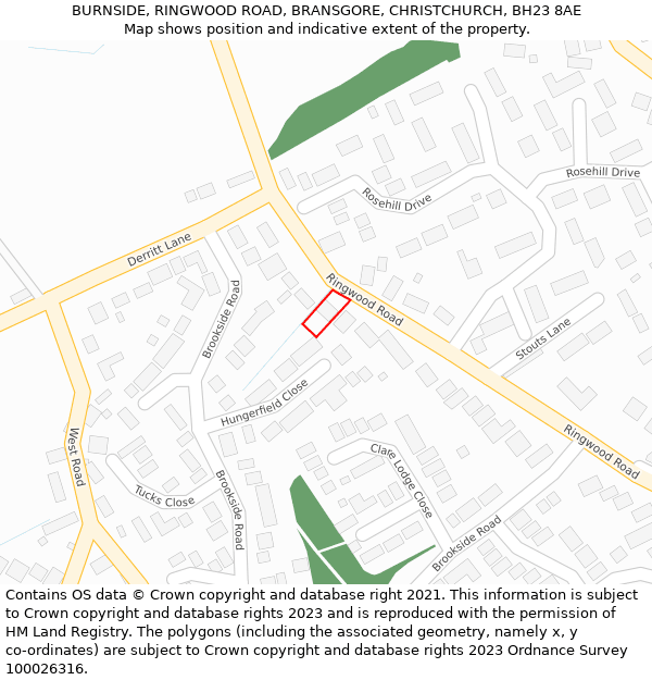 BURNSIDE, RINGWOOD ROAD, BRANSGORE, CHRISTCHURCH, BH23 8AE: Location map and indicative extent of plot