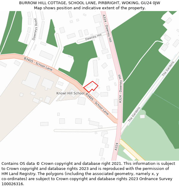 BURROW HILL COTTAGE, SCHOOL LANE, PIRBRIGHT, WOKING, GU24 0JW: Location map and indicative extent of plot