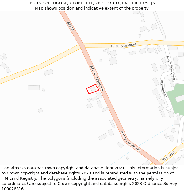 BURSTONE HOUSE, GLOBE HILL, WOODBURY, EXETER, EX5 1JS: Location map and indicative extent of plot