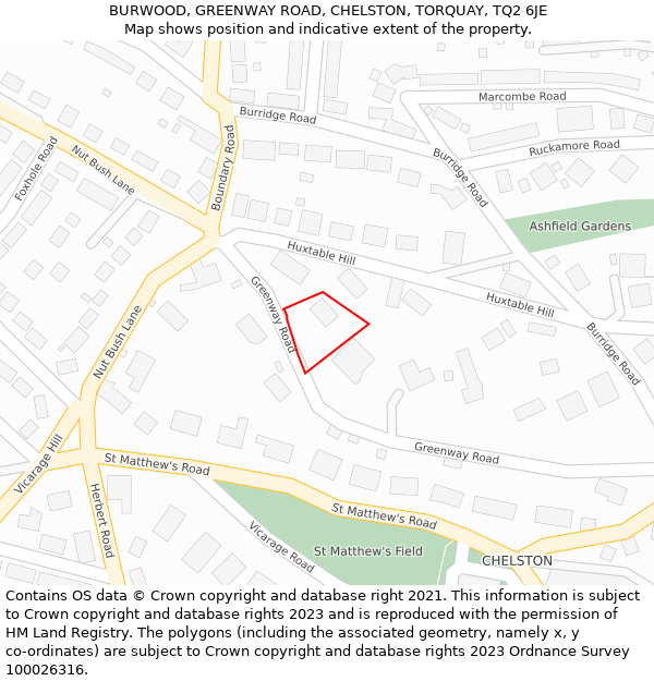 BURWOOD, GREENWAY ROAD, CHELSTON, TORQUAY, TQ2 6JE: Location map and indicative extent of plot