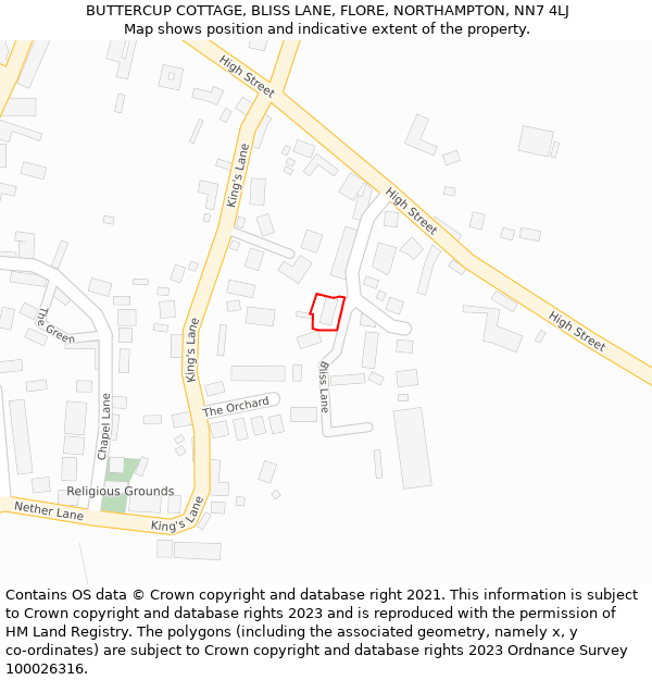 BUTTERCUP COTTAGE, BLISS LANE, FLORE, NORTHAMPTON, NN7 4LJ: Location map and indicative extent of plot