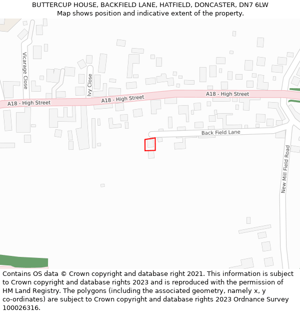 BUTTERCUP HOUSE, BACKFIELD LANE, HATFIELD, DONCASTER, DN7 6LW: Location map and indicative extent of plot