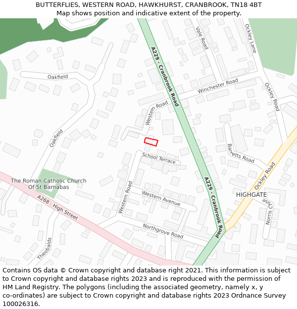 BUTTERFLIES, WESTERN ROAD, HAWKHURST, CRANBROOK, TN18 4BT: Location map and indicative extent of plot