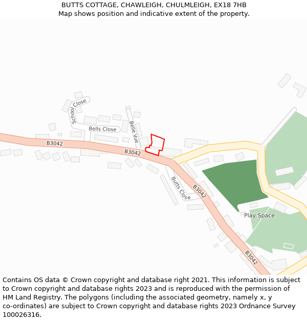 BUTTS COTTAGE, CHAWLEIGH, CHULMLEIGH, EX18 7HB: Location map and indicative extent of plot