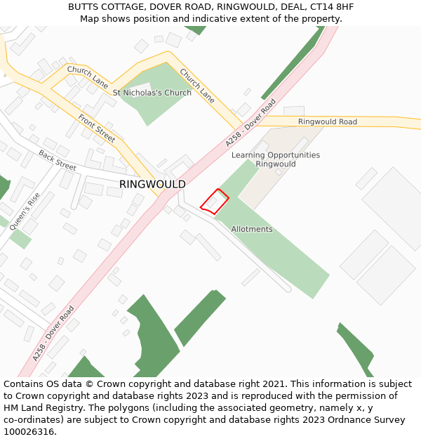 BUTTS COTTAGE, DOVER ROAD, RINGWOULD, DEAL, CT14 8HF: Location map and indicative extent of plot