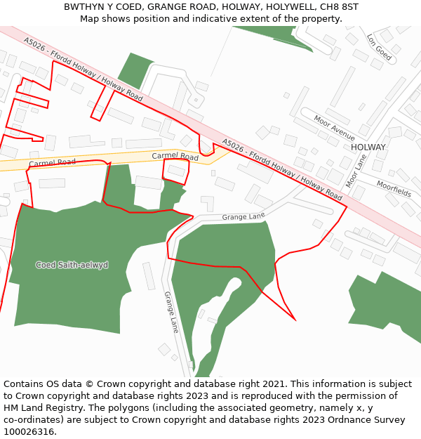 BWTHYN Y COED, GRANGE ROAD, HOLWAY, HOLYWELL, CH8 8ST: Location map and indicative extent of plot