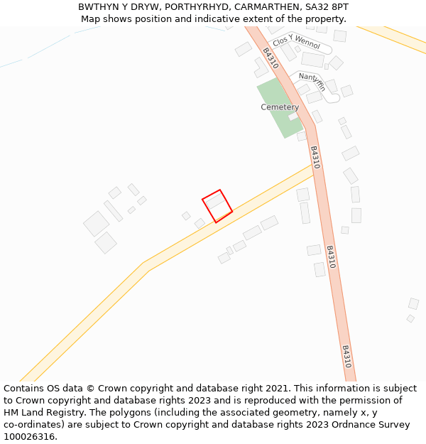 BWTHYN Y DRYW, PORTHYRHYD, CARMARTHEN, SA32 8PT: Location map and indicative extent of plot