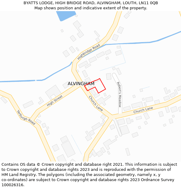 BYATTS LODGE, HIGH BRIDGE ROAD, ALVINGHAM, LOUTH, LN11 0QB: Location map and indicative extent of plot