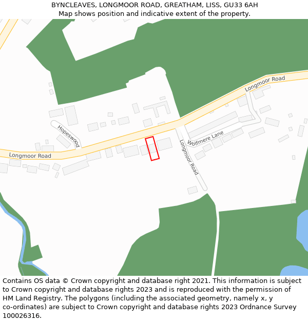 BYNCLEAVES, LONGMOOR ROAD, GREATHAM, LISS, GU33 6AH: Location map and indicative extent of plot